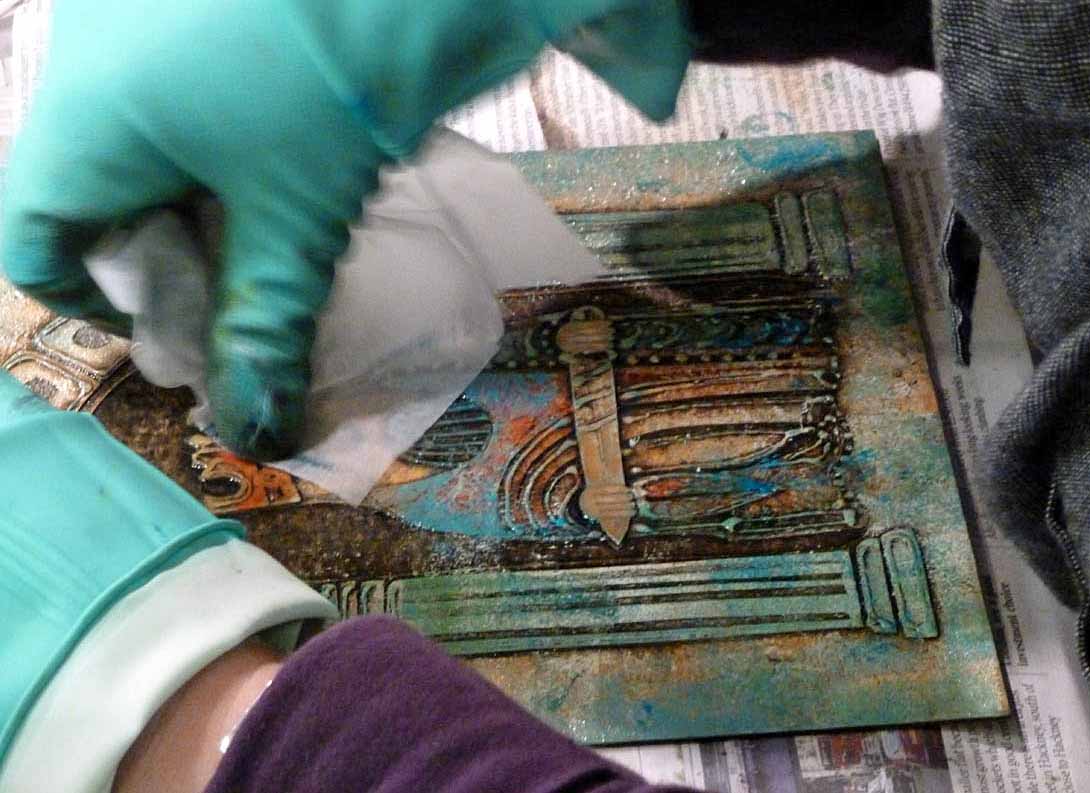 8. Wiping back with tissue to create lighter areas where required